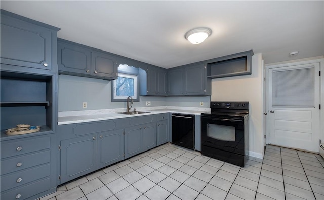 kitchen with sink, light tile patterned floors, and black appliances