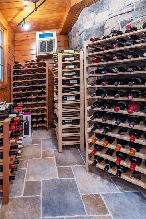 wine room featuring wooden walls and wooden ceiling