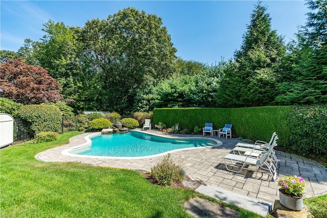 view of pool with a patio area and a yard