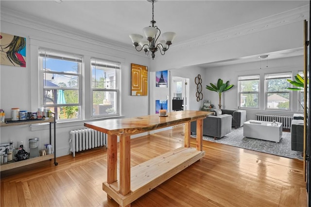 dining area with radiator heating unit, light hardwood / wood-style flooring, an inviting chandelier, and crown molding