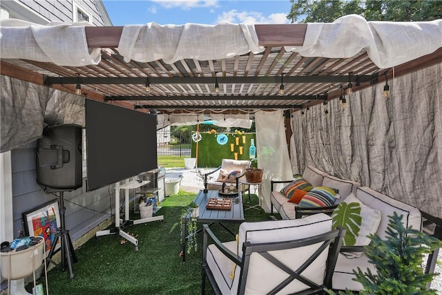 view of patio featuring a pergola and an outdoor hangout area