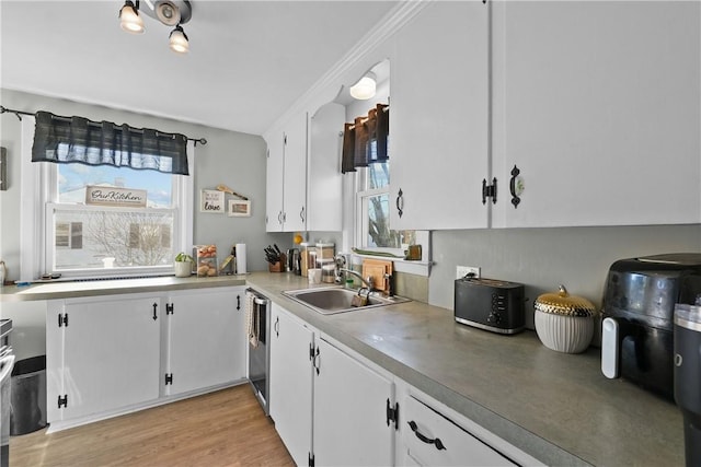 kitchen with white cabinets, a healthy amount of sunlight, light hardwood / wood-style floors, and sink