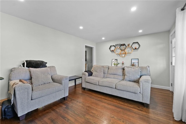 living room featuring dark wood-type flooring