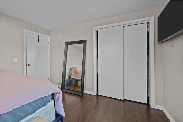 bedroom featuring dark hardwood / wood-style flooring and a closet