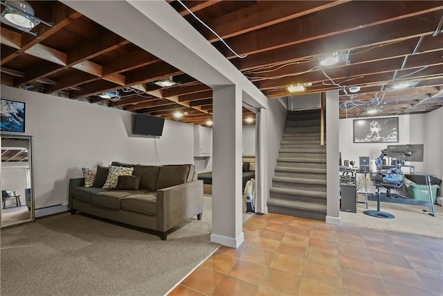 basement featuring baseboard heating and light colored carpet