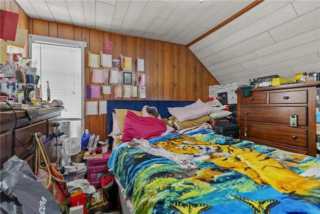 bedroom with wood walls, wooden ceiling, and lofted ceiling