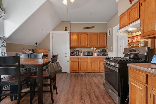 kitchen with hardwood / wood-style flooring, vaulted ceiling, and stainless steel range with gas stovetop