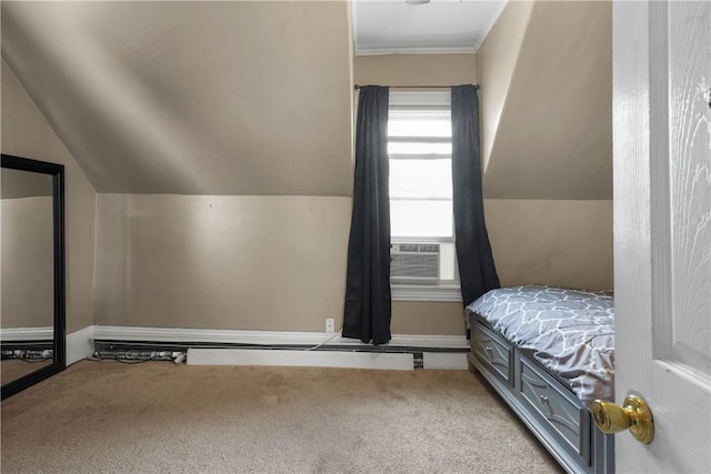 bedroom with cooling unit, lofted ceiling, and light carpet