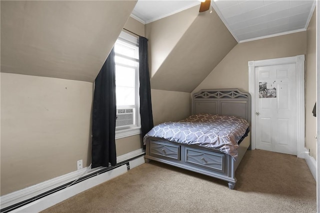 carpeted bedroom with baseboard heating, crown molding, cooling unit, and lofted ceiling