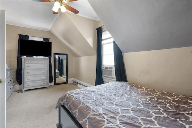 bedroom with ceiling fan, baseboard heating, cooling unit, light colored carpet, and vaulted ceiling