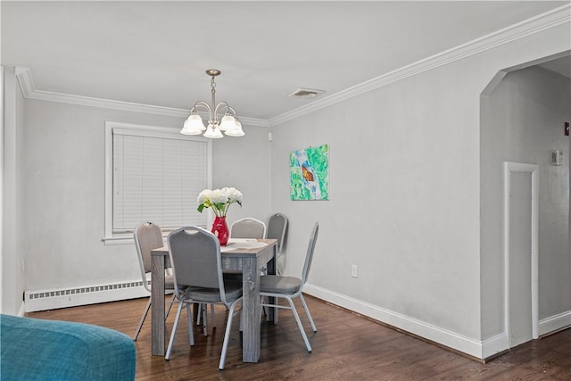 dining room featuring baseboard heating, crown molding, dark wood-type flooring, and an inviting chandelier