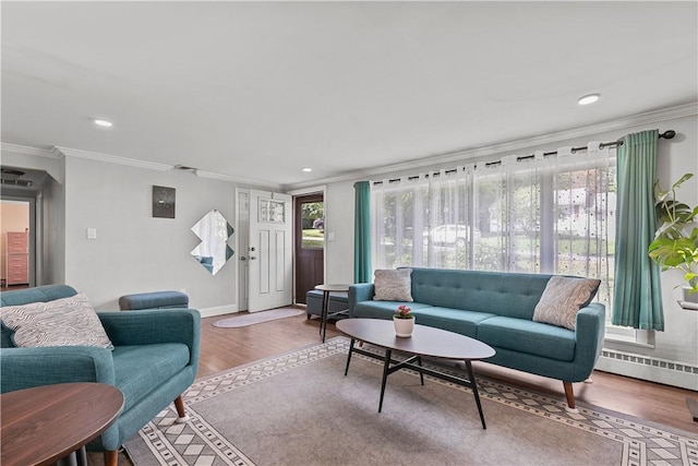 living room featuring light wood-type flooring, crown molding, a wealth of natural light, and a baseboard heating unit