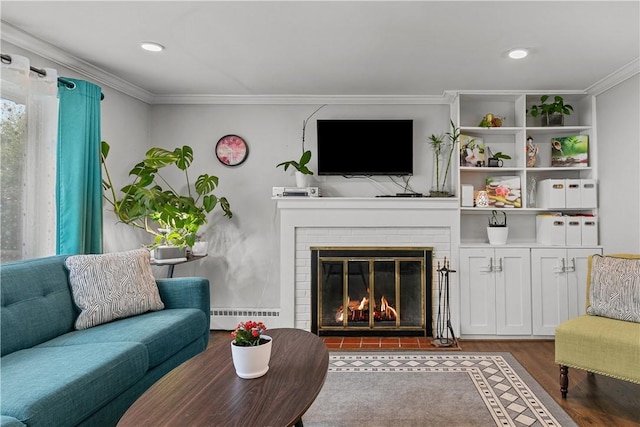 living room with a fireplace, dark hardwood / wood-style floors, and crown molding