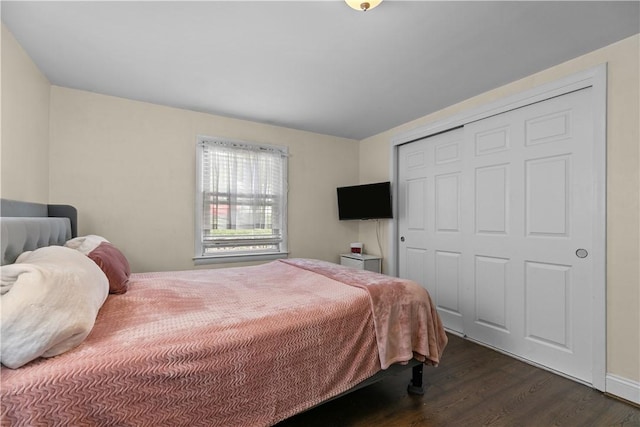 bedroom featuring dark hardwood / wood-style floors and a closet