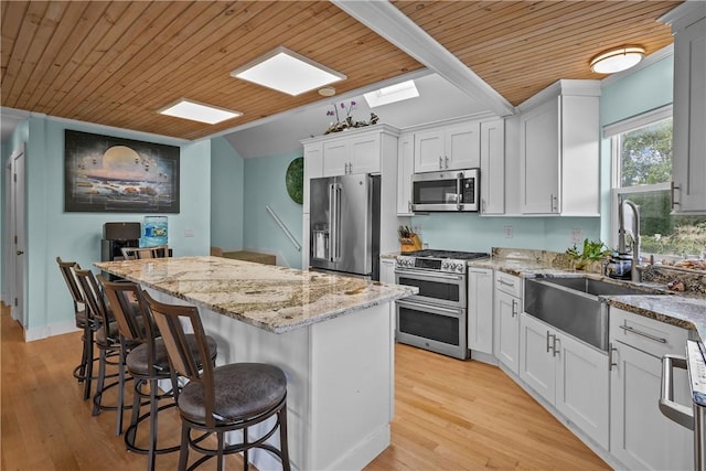 kitchen featuring stainless steel appliances, white cabinetry, and wood ceiling