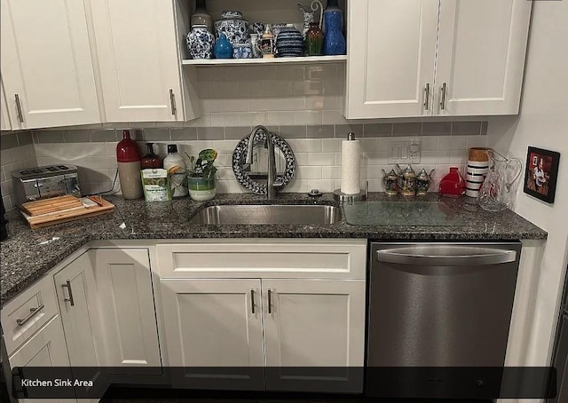 kitchen with dishwasher, white cabinetry, sink, and tasteful backsplash