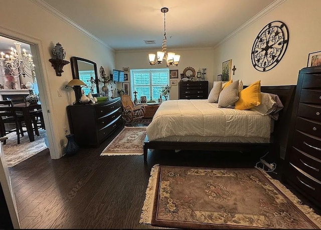 bedroom with dark hardwood / wood-style floors, crown molding, and an inviting chandelier