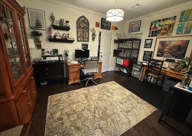 home office featuring dark hardwood / wood-style flooring and ornamental molding