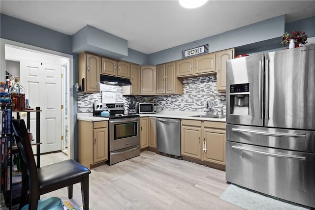 kitchen with light wood-type flooring, appliances with stainless steel finishes, backsplash, and sink