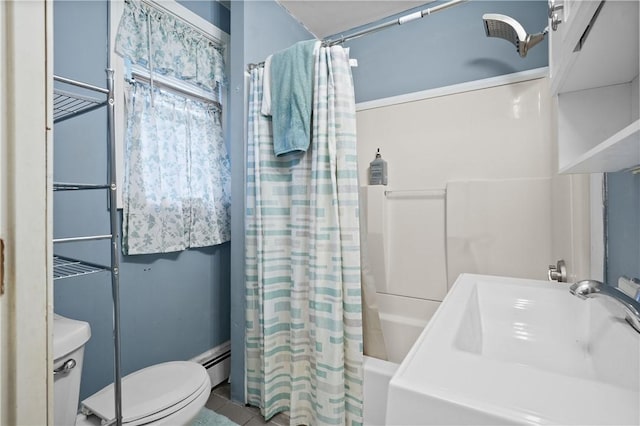 full bathroom with toilet, shower / bath combo with shower curtain, sink, and a baseboard radiator