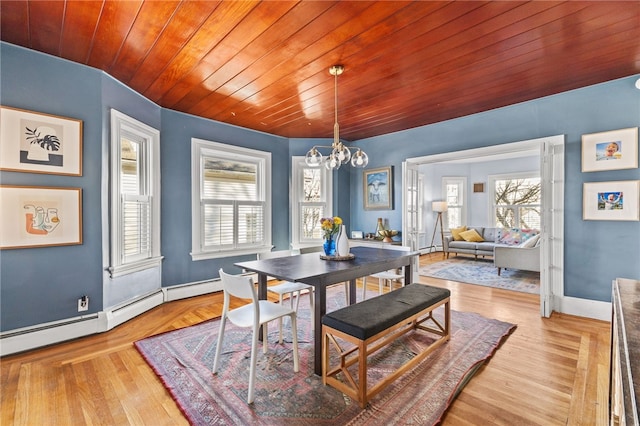 dining room with a chandelier, light hardwood / wood-style floors, a baseboard heating unit, and wooden ceiling