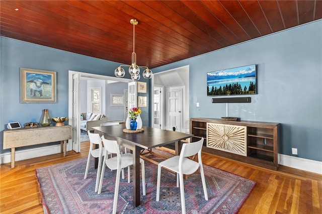 dining space with wood-type flooring and an inviting chandelier