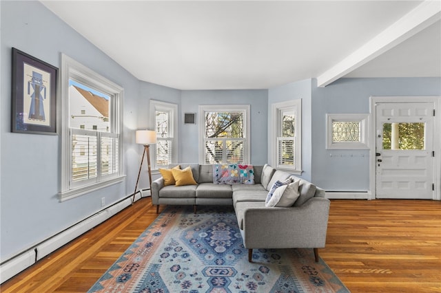 living room with a healthy amount of sunlight, wood-type flooring, and a baseboard radiator