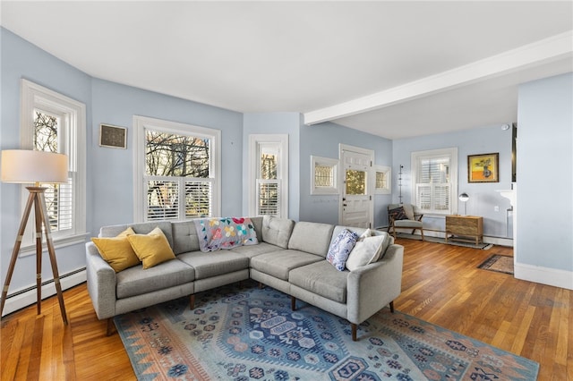 living room with beamed ceiling, hardwood / wood-style flooring, and baseboard heating