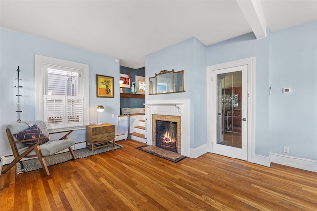 living room featuring wood-type flooring and beam ceiling