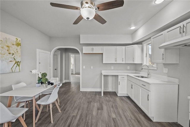 kitchen with white cabinets, wood-type flooring, ceiling fan, and sink