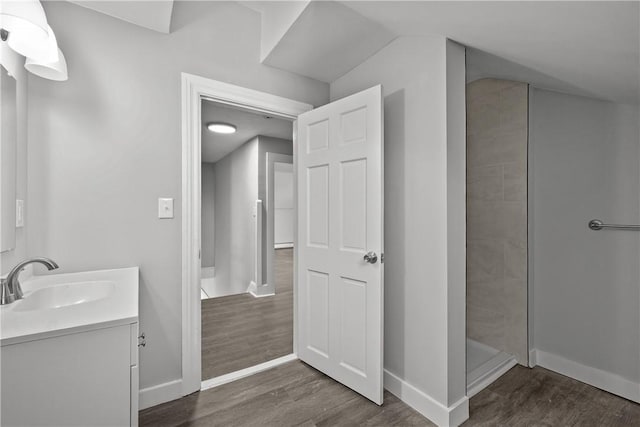 bathroom featuring vanity, wood-type flooring, and walk in shower