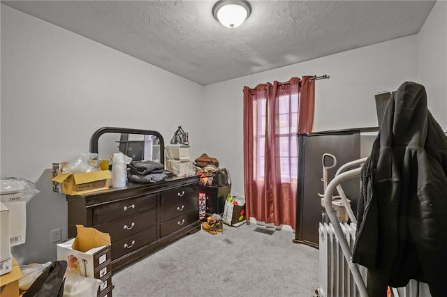 carpeted bedroom with a textured ceiling