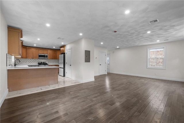 kitchen with light wood-type flooring, electric panel, stainless steel appliances, and kitchen peninsula