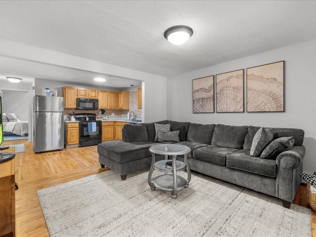 living room with sink, a textured ceiling, and light wood-type flooring