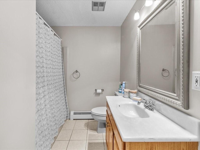 bathroom featuring baseboard heating, tile patterned flooring, a textured ceiling, toilet, and vanity