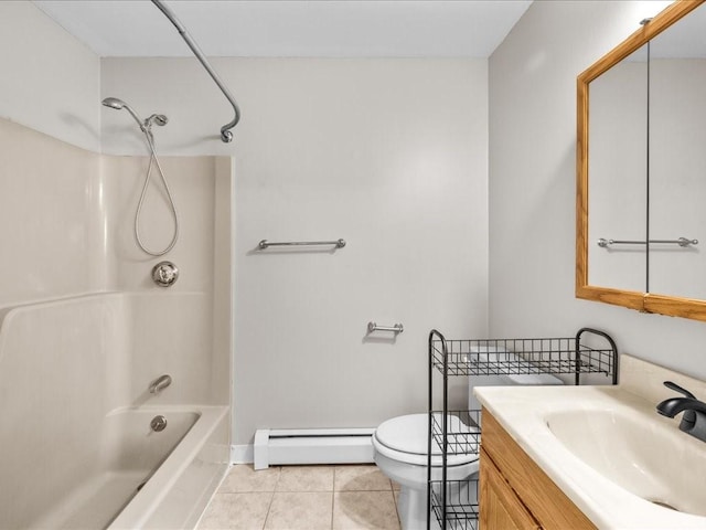 full bathroom with a baseboard radiator, tile patterned flooring, tub / shower combination, toilet, and vanity