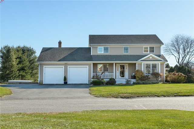 view of front facade featuring covered porch, a garage, and a front lawn