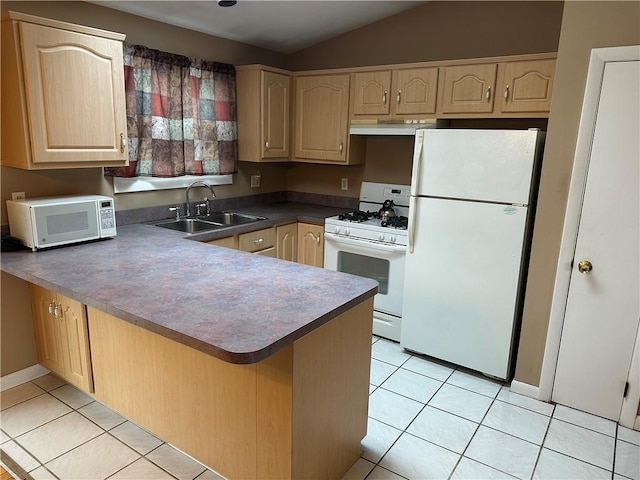 kitchen featuring light brown cabinets, white appliances, sink, and light tile patterned floors