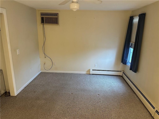 carpeted empty room with ceiling fan, a wall mounted AC, and a baseboard radiator