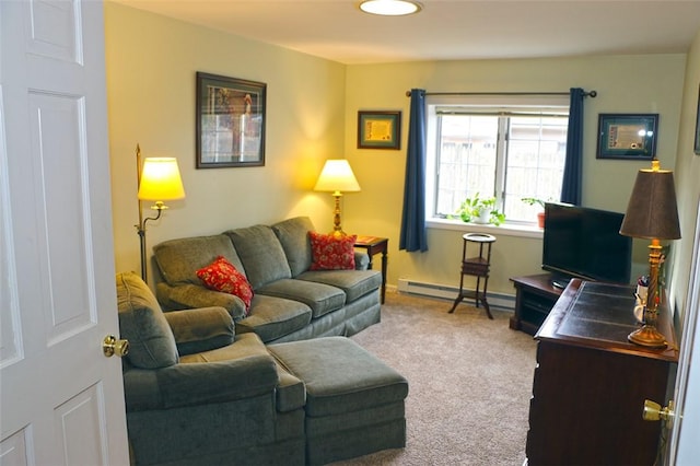 carpeted living area with baseboards and baseboard heating