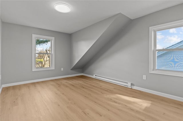 additional living space featuring light hardwood / wood-style floors and a baseboard heating unit