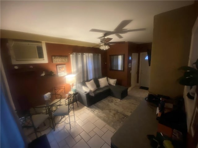 unfurnished living room featuring a wall unit AC and ceiling fan