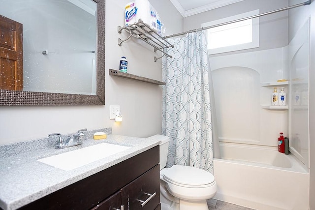 full bathroom featuring shower / bath combo, vanity, toilet, and crown molding