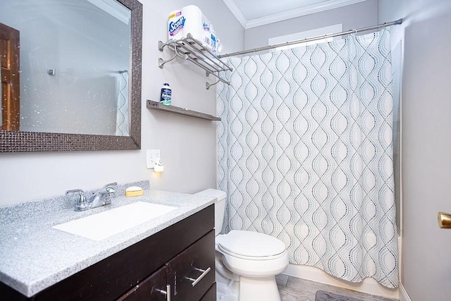 full bathroom with toilet, vanity, shower / tub combo, and ornamental molding