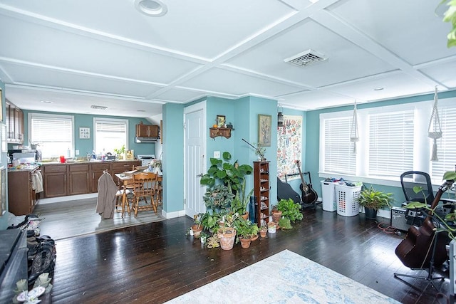 interior space featuring dark hardwood / wood-style flooring, coffered ceiling, and sink