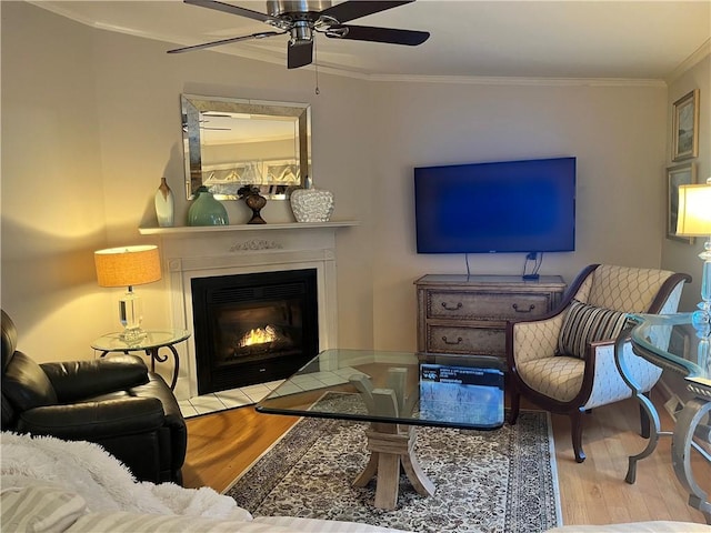 living room featuring light hardwood / wood-style floors, ceiling fan, and ornamental molding