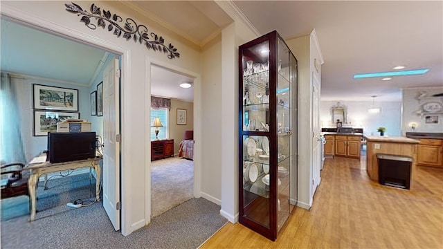 hallway featuring light colored carpet and ornamental molding