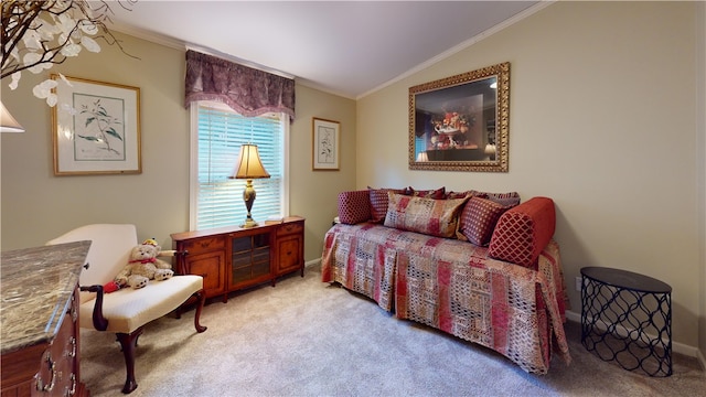 interior space featuring light colored carpet, lofted ceiling, and ornamental molding