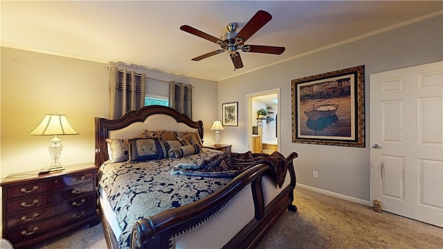 carpeted bedroom featuring ceiling fan and crown molding