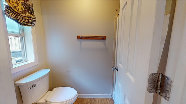 bathroom with hardwood / wood-style flooring and toilet